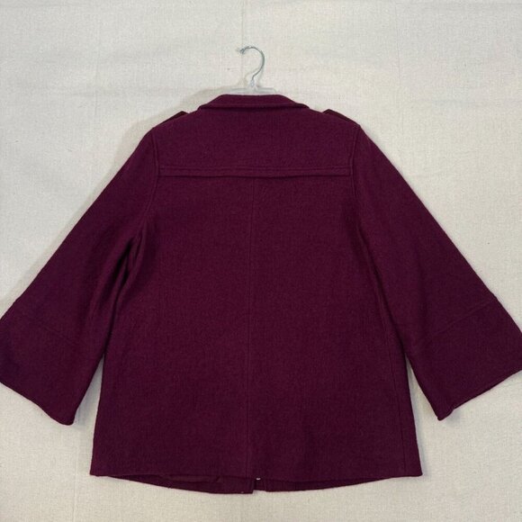 Chicos Burgundy Wool 3/4 Sleeve Full Zip Jacket Button Flap Accents Lined 2 - Picture 2 of 15